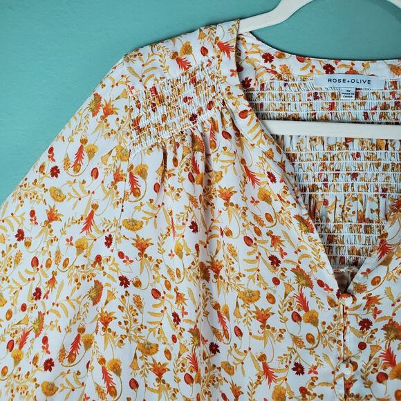 Rose+Olive Womens V-Neck Floral Print Smocked Blouse Top Size 1X - Picture 4 of 6